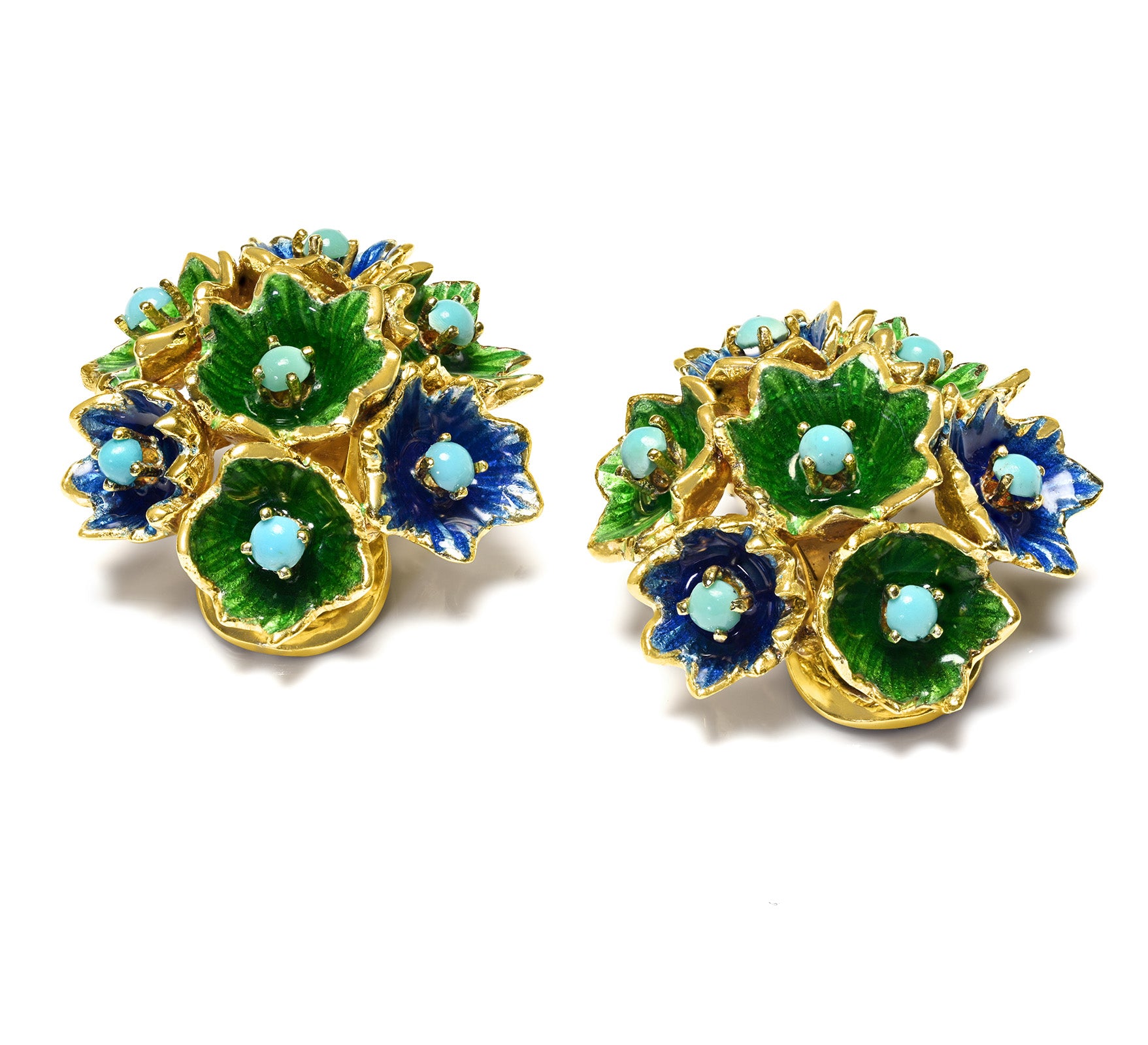 Martine Gold Earrings with Vibrant Green & Blue Enamel Turquoise