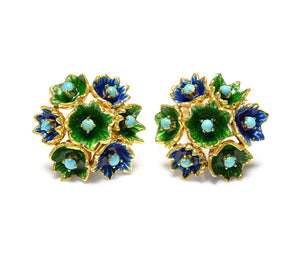 Rare Martine Gold Earrings with Vibrant Green & Blue Enamel and Turquoise