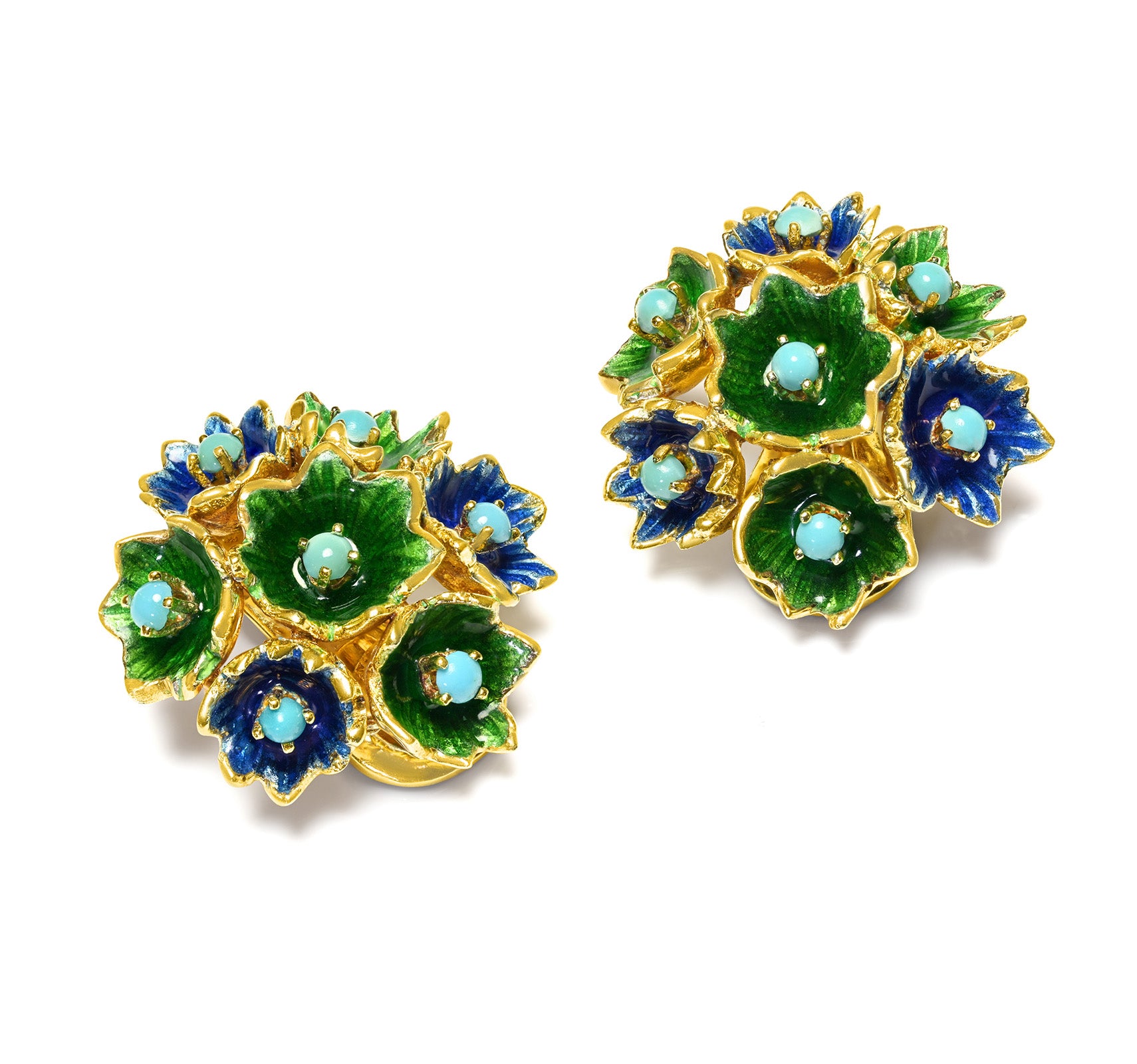 Martine Gold Earrings with Vibrant Green & Blue Enamel and Turquoise