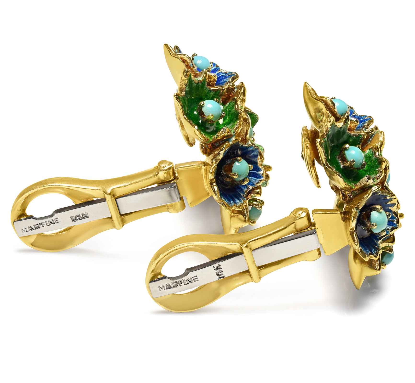 Martine Gold Earrings with Vibrant Green & Blue Enamel and Turquoise
