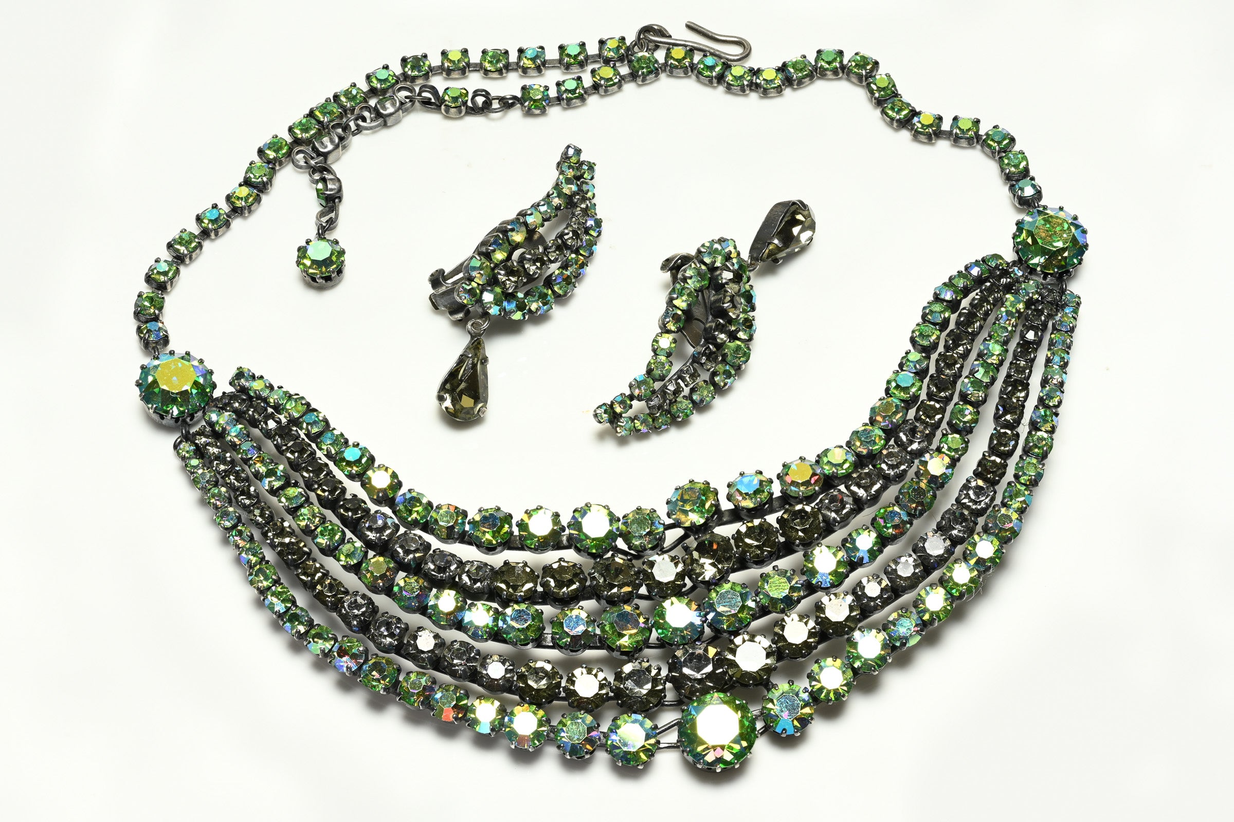 Max Muller Kaufbeuren 1960's Green Aurora Borealis Crystal Necklace Earrings Set