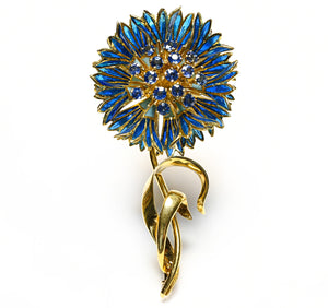 Mellerio Paris 18K Gold Plique a Jour Enamel and Sapphire Flower Brooch