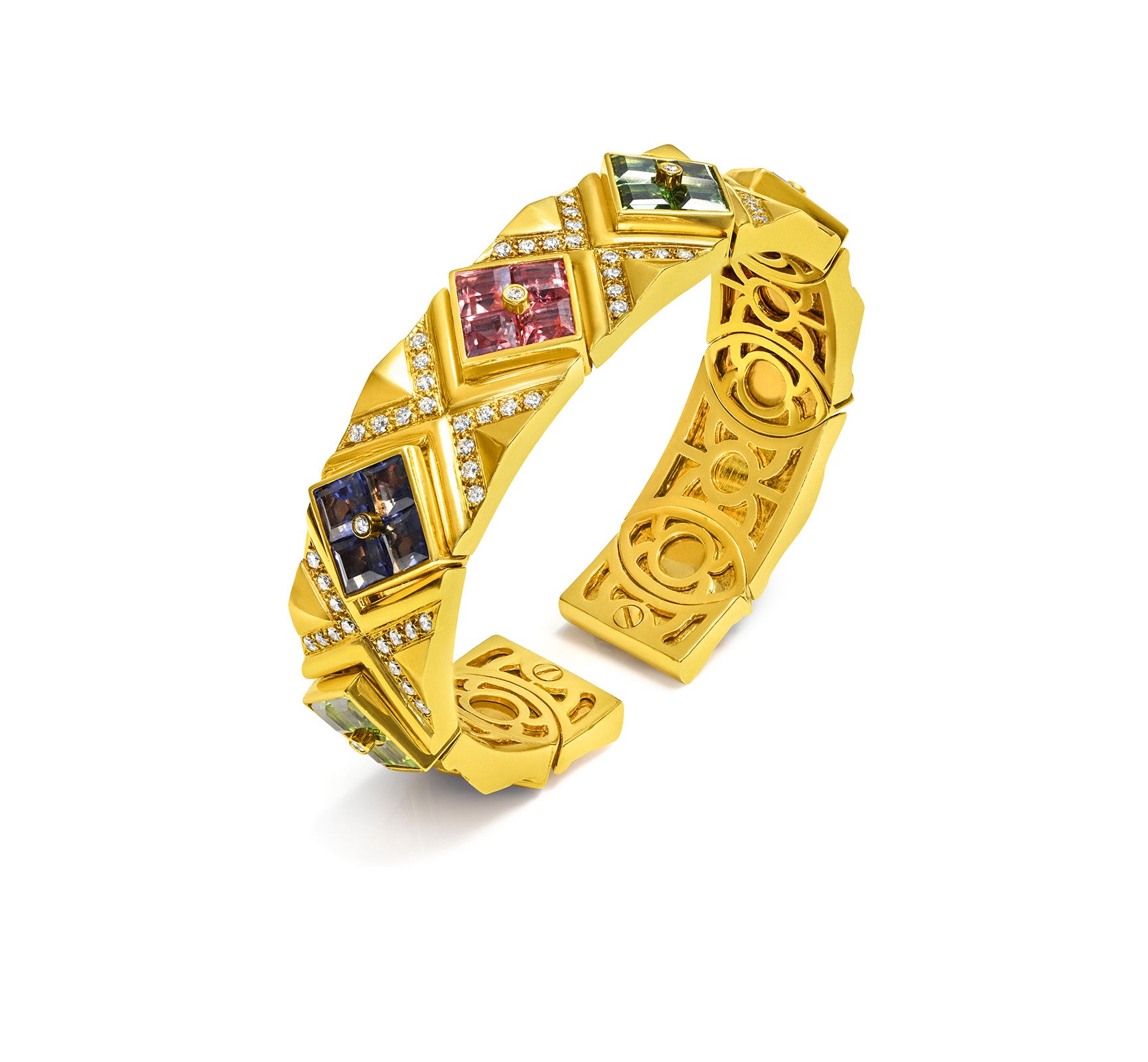 Multi Carre Gemstone and Diamond 18K Gold Cuff Bracelet Vintage