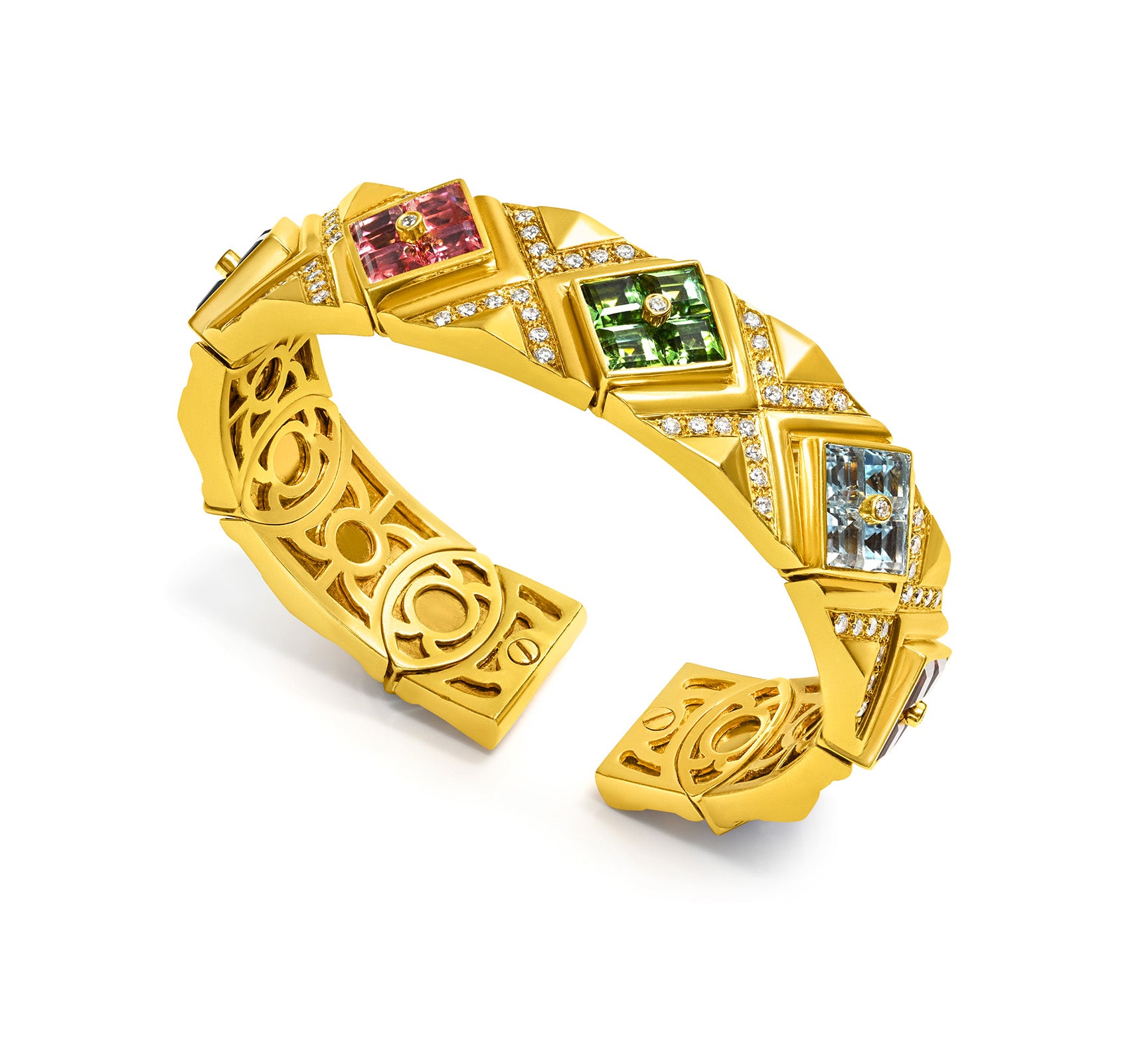 Multi Carre Gemstone Diamond 18K Gold Cuff Bracelet