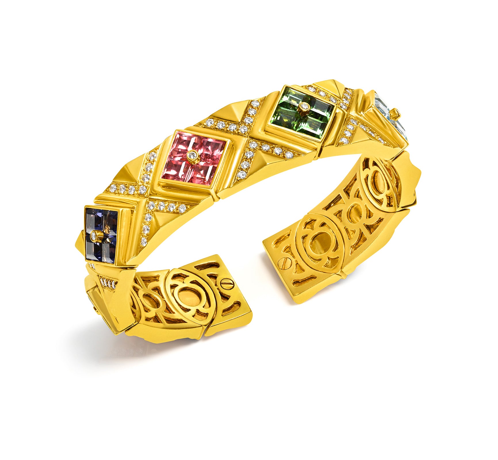 Multi Carre Diamond 18K Gold Cuff Bracelet Gemstone 