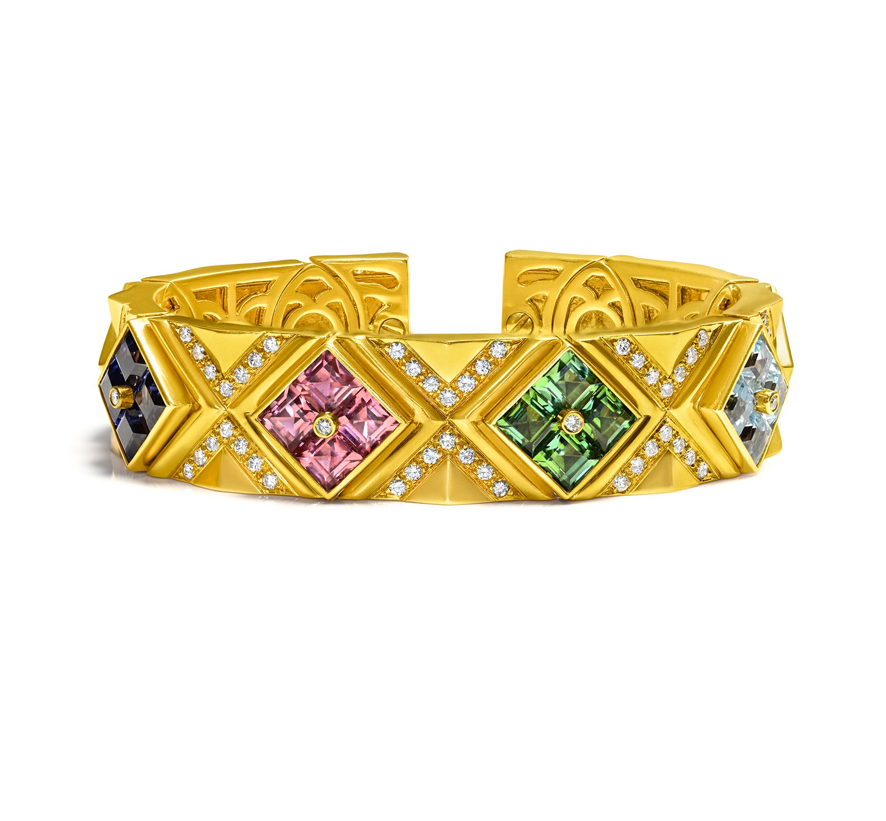 Multi Carre Gemstone Diamond 18K Gold Bracelet