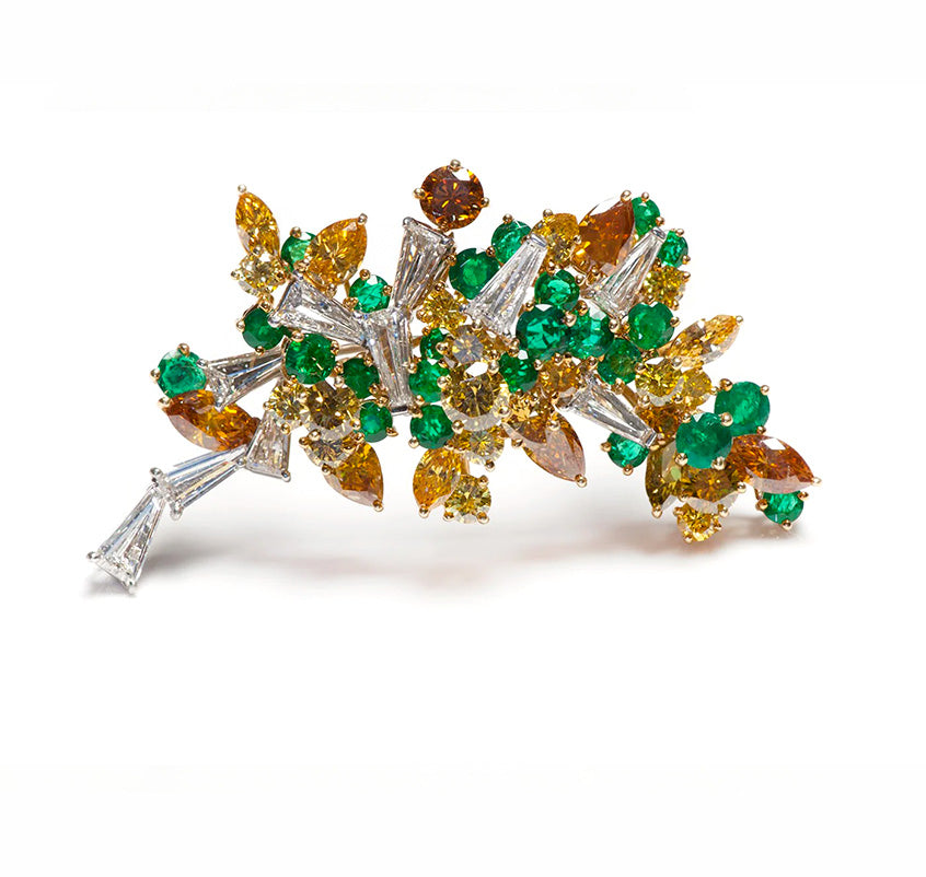 Natural Fancy Diamond Emerald Modernist Brooch