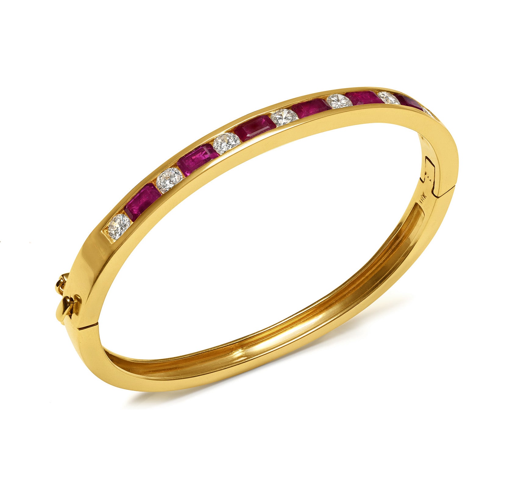 Natural Ruby and Diamond 18K Yellow Gold Bangle Bracelet