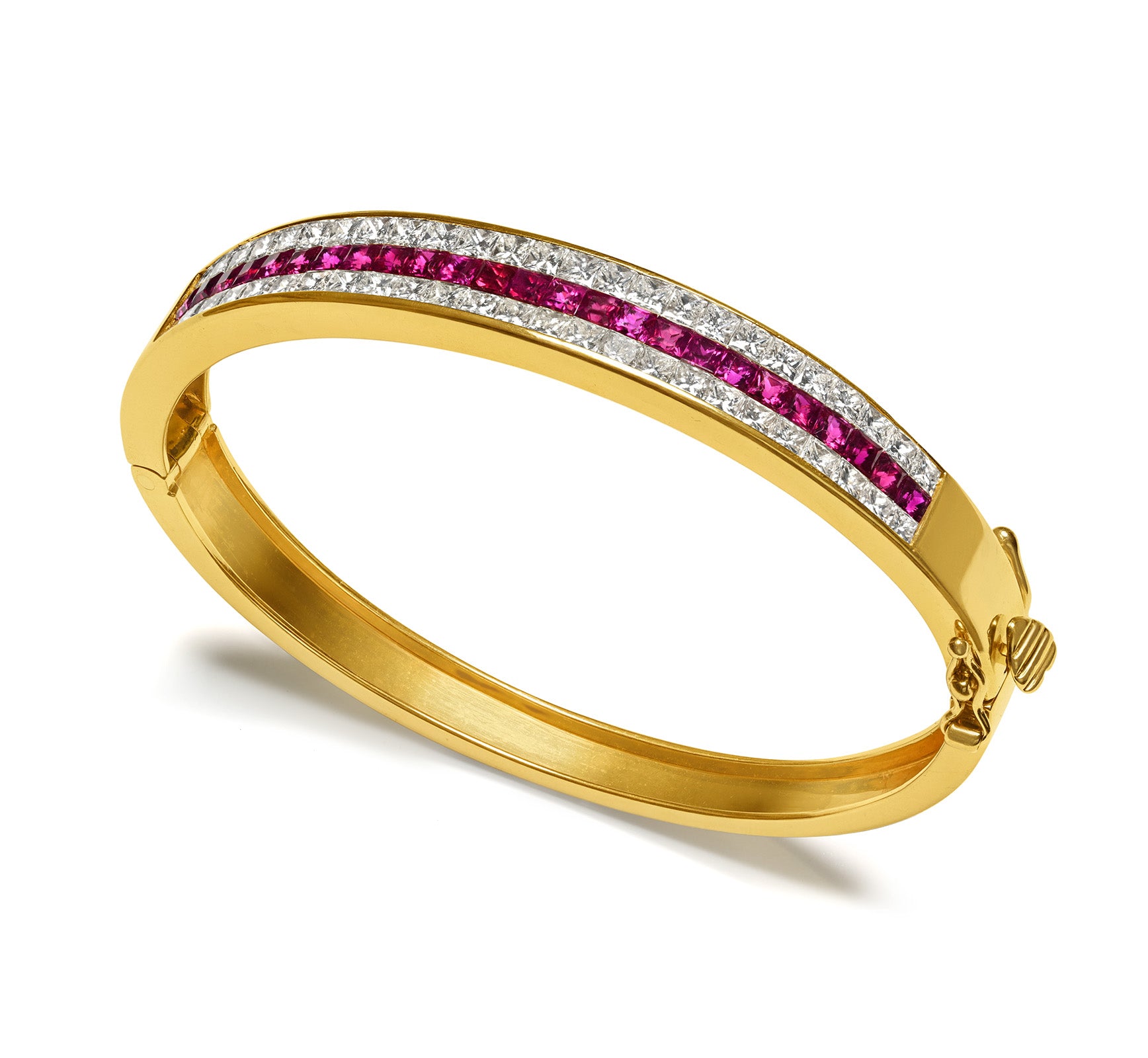 Natural Ruby Princess-Cut Diamond 18K Gold Bangle Bracelet