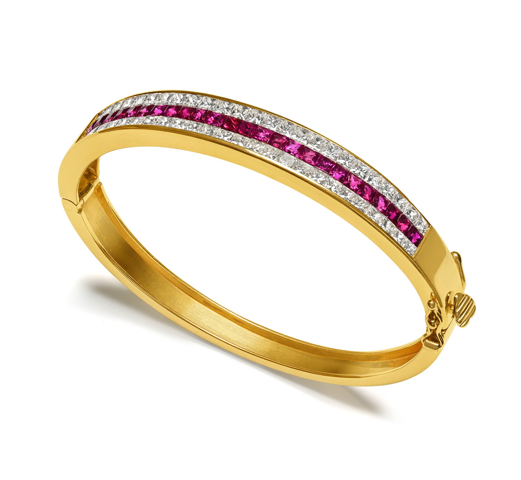 Ruby Princess-Cut Diamond 18K Gold Bangle Bracelet