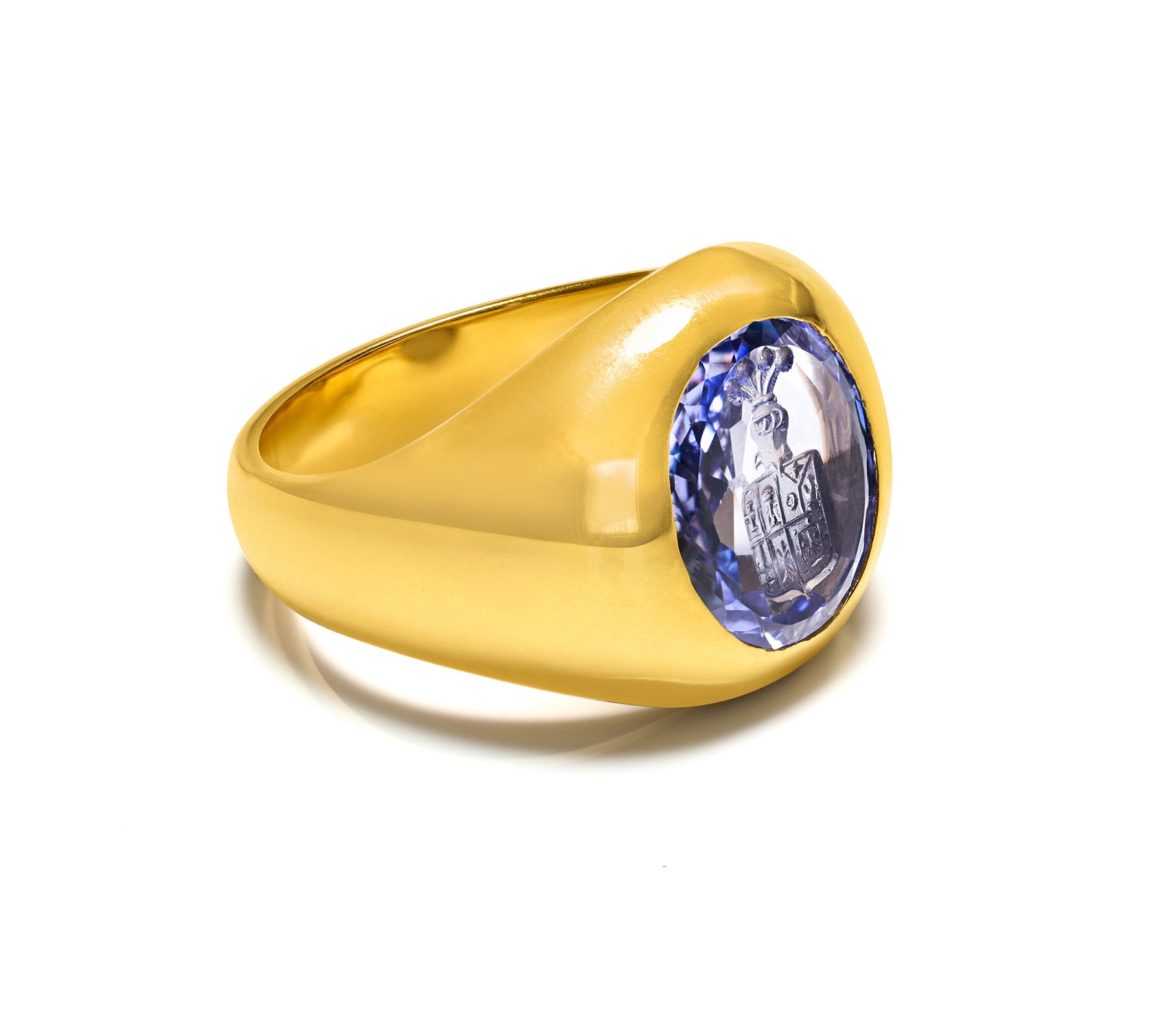 No Heat GIA Ceylon Sapphire Crest Intaglio Men’s Ring Antique 18K Gold 