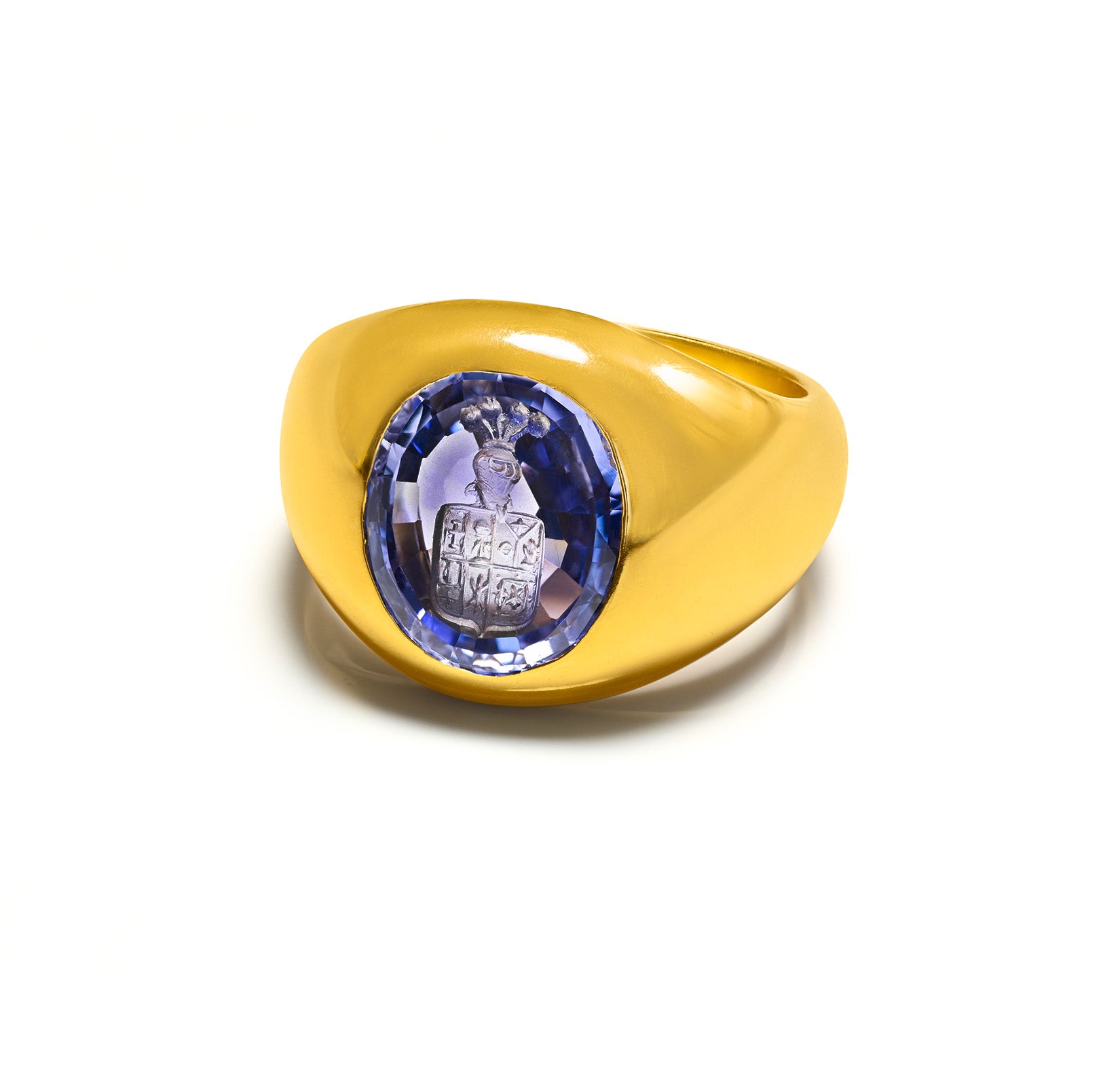 Antique No Heat 6 Carat Ceylon Sapphire Crest Intaglio Men’s Ring 18K Gold GIA Cert.