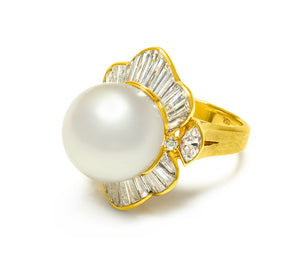 Opulent 18K Gold Pearl Ring with Marquise and Baguette Diamonds 5.46 CTW