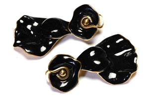 Oscar de la Renta Black Enamel Flower Long Earrings