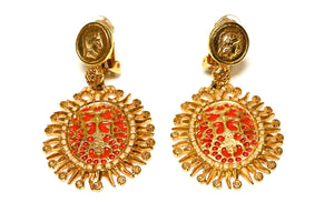 Oscar de la Renta Gold Plated Red Enamel Coin Drop Earrings