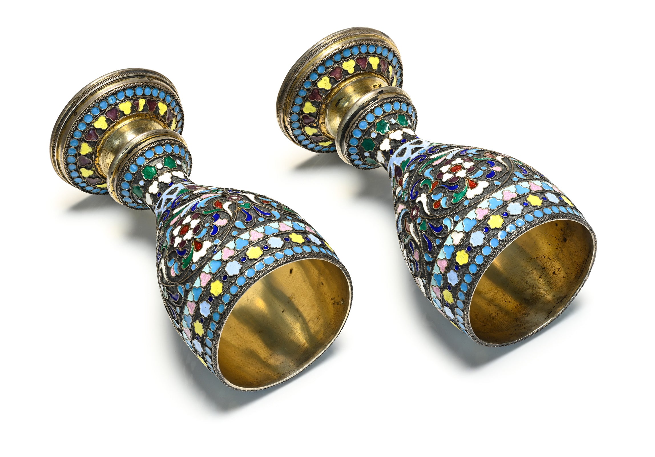 Antique Imperial Russian Egor Samoshin Silver-Gilt Cloisonné Enamel Goblets