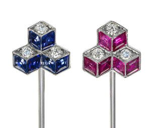 Rare Pair of Charlton & Co. Art Deco Diamond Ruby Sapphire Stick Pins