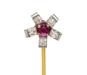 Pink Sapphire and Diamond Starburst Stick Pin in Platinum and Gold