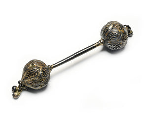 Rare 17th Century Silver Baby Rattle with Engraved Spherical Ends and Bell Pendants