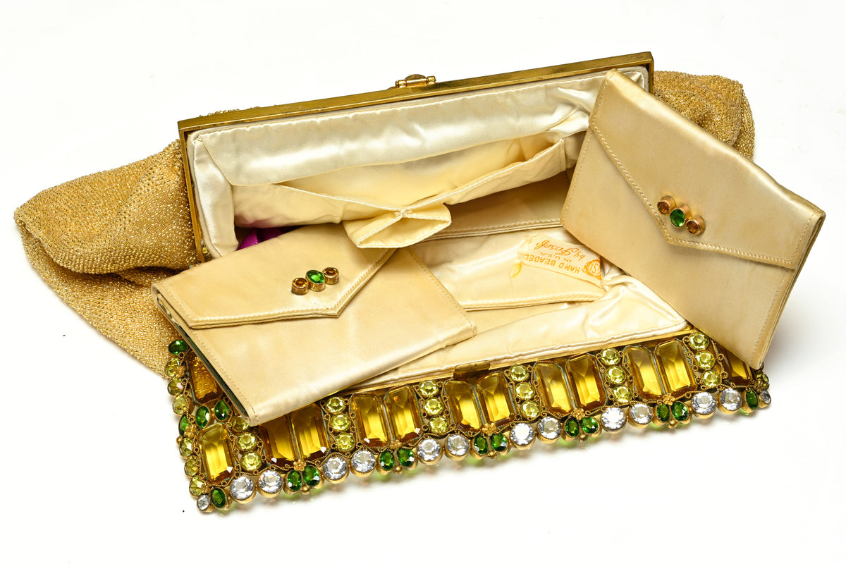 Rare 1930's Josef Gold Beads Hobe Crystal Frame Clutch Bag 4