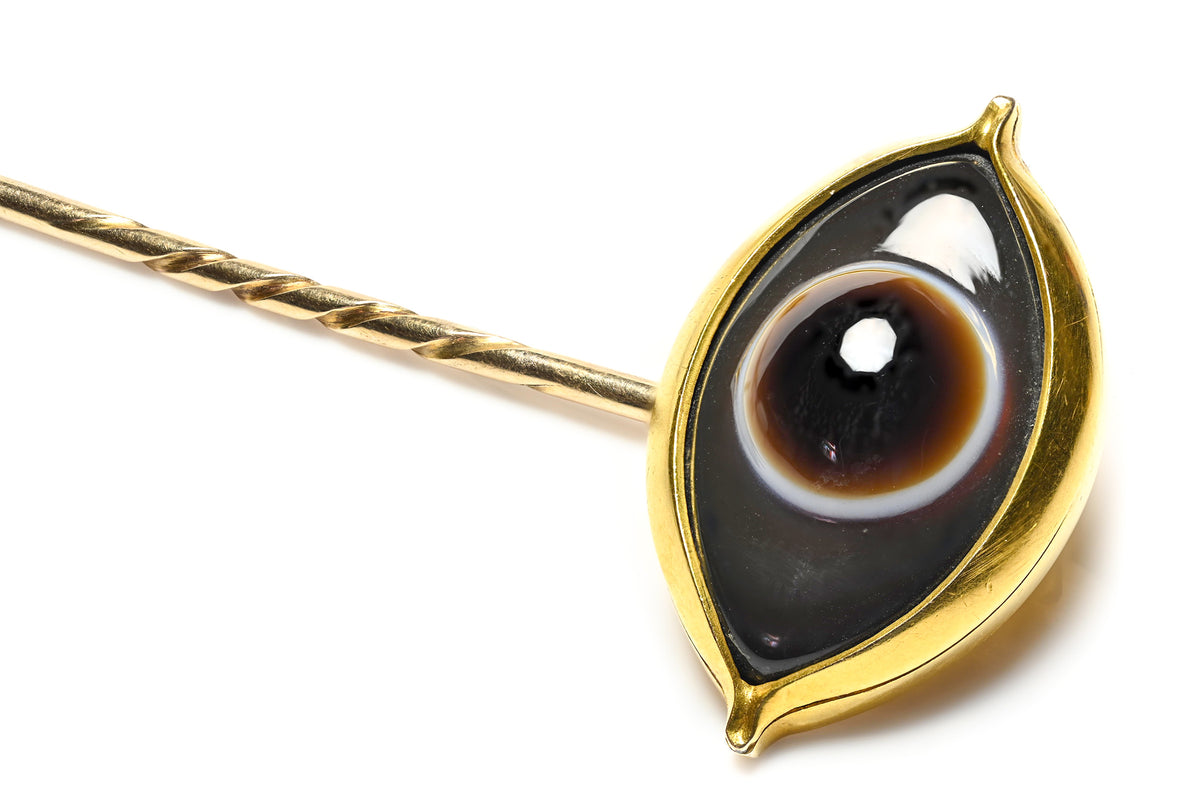 Ancient Roman Agate Eye in Its Original Gold Mount Stick Pin