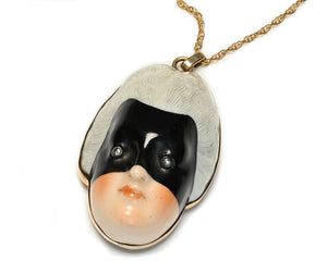 Rare Antique Georgian Gold Diamond Porcelain Masked Lady Patch Box Pendant