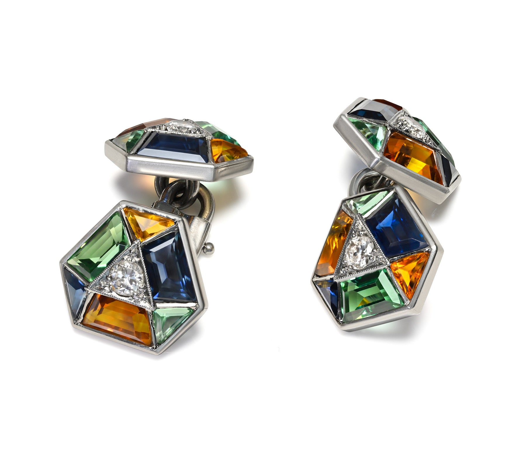 Art Deco Platinum Calibré-Cut Multicolor Sapphire Diamond Cufflinks