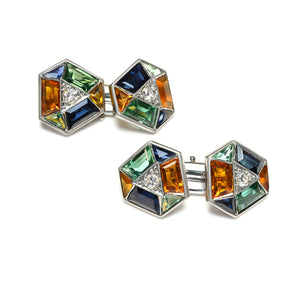 Rare Art Deco Multicolor Natural Fancy-Cut Sapphire and Diamond Cufflinks