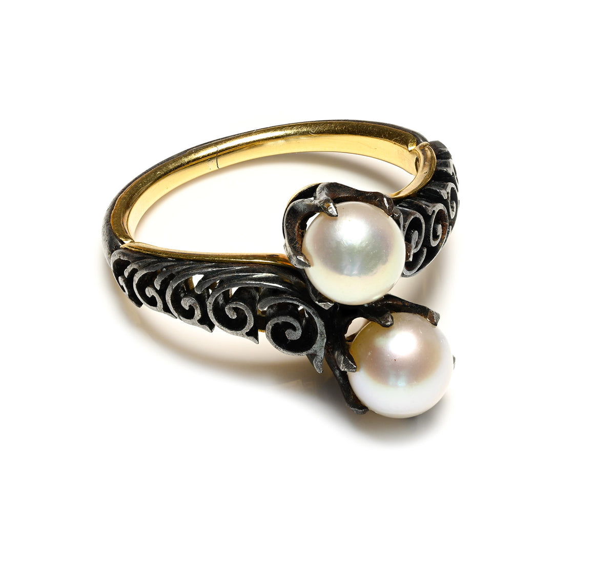 Rare Victorian steel and gold natural pearl toi et moi ring with ornate scrollwork