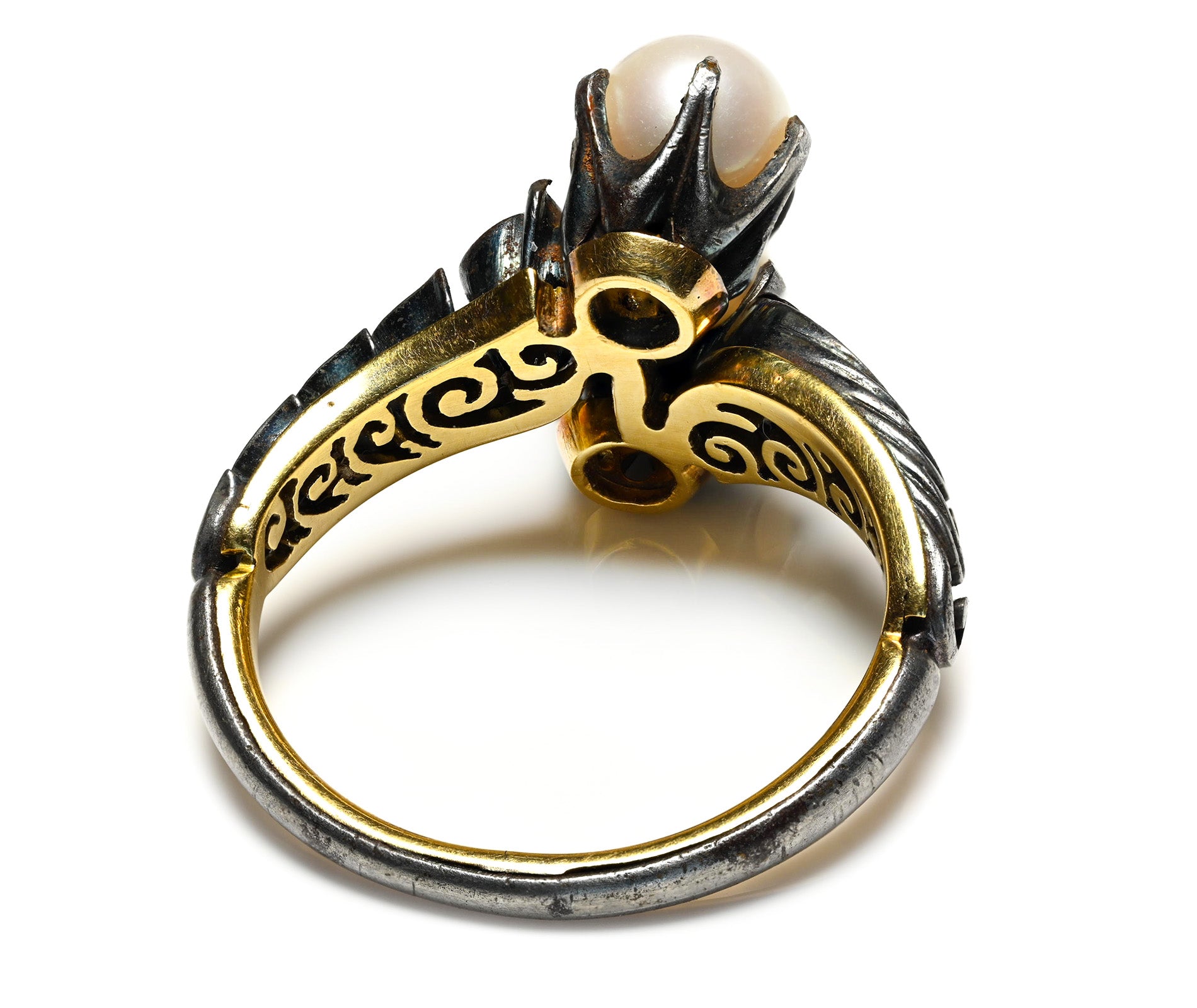Victorian Steel Gold Natural Pearl Toi et Moi Ring