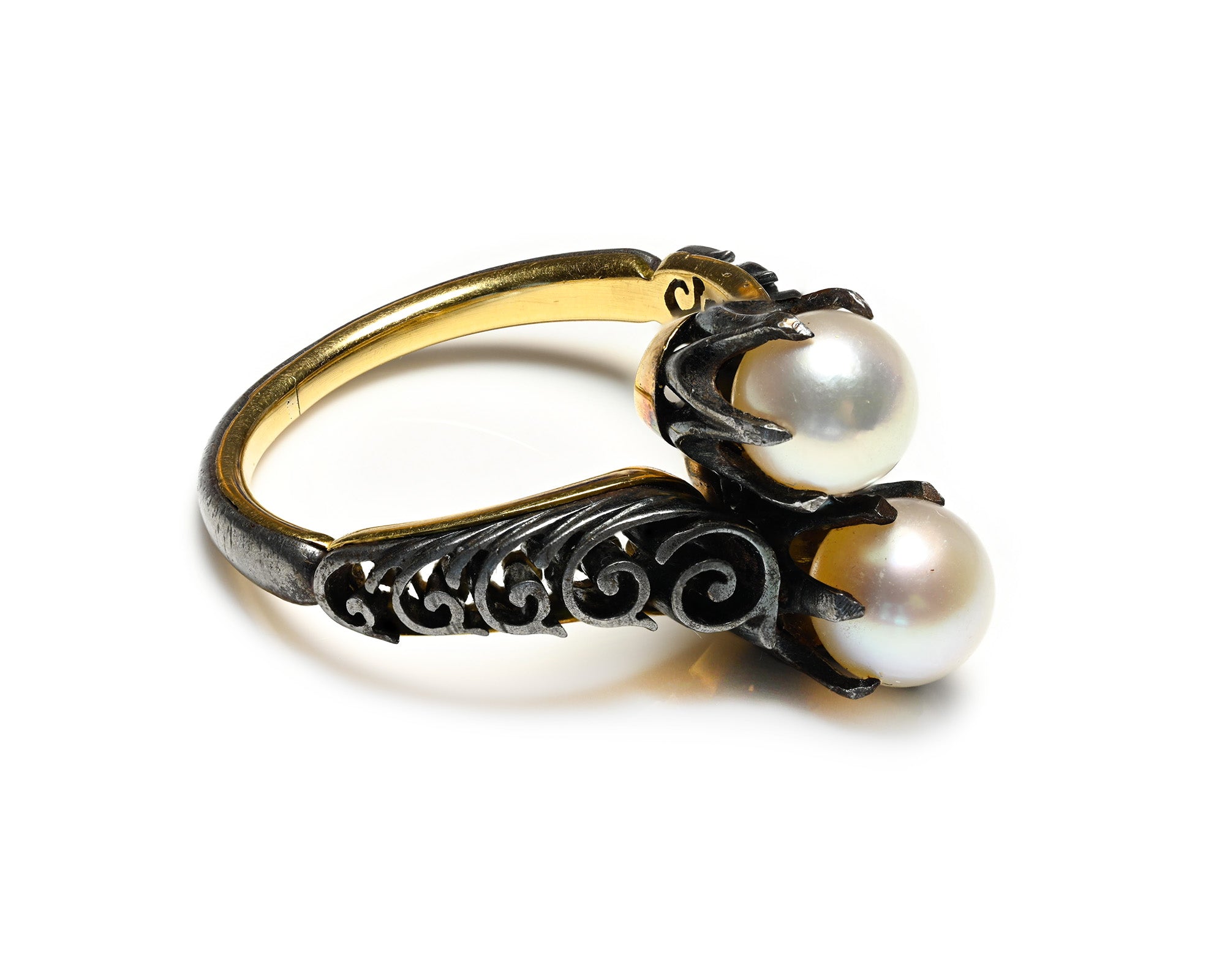 Antique Steel and Gold Natural Pearl Toi et Moi Ring