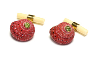 Red Sea Urchin Shell Cufflinks in 18K Gold with Peridot and White Coral