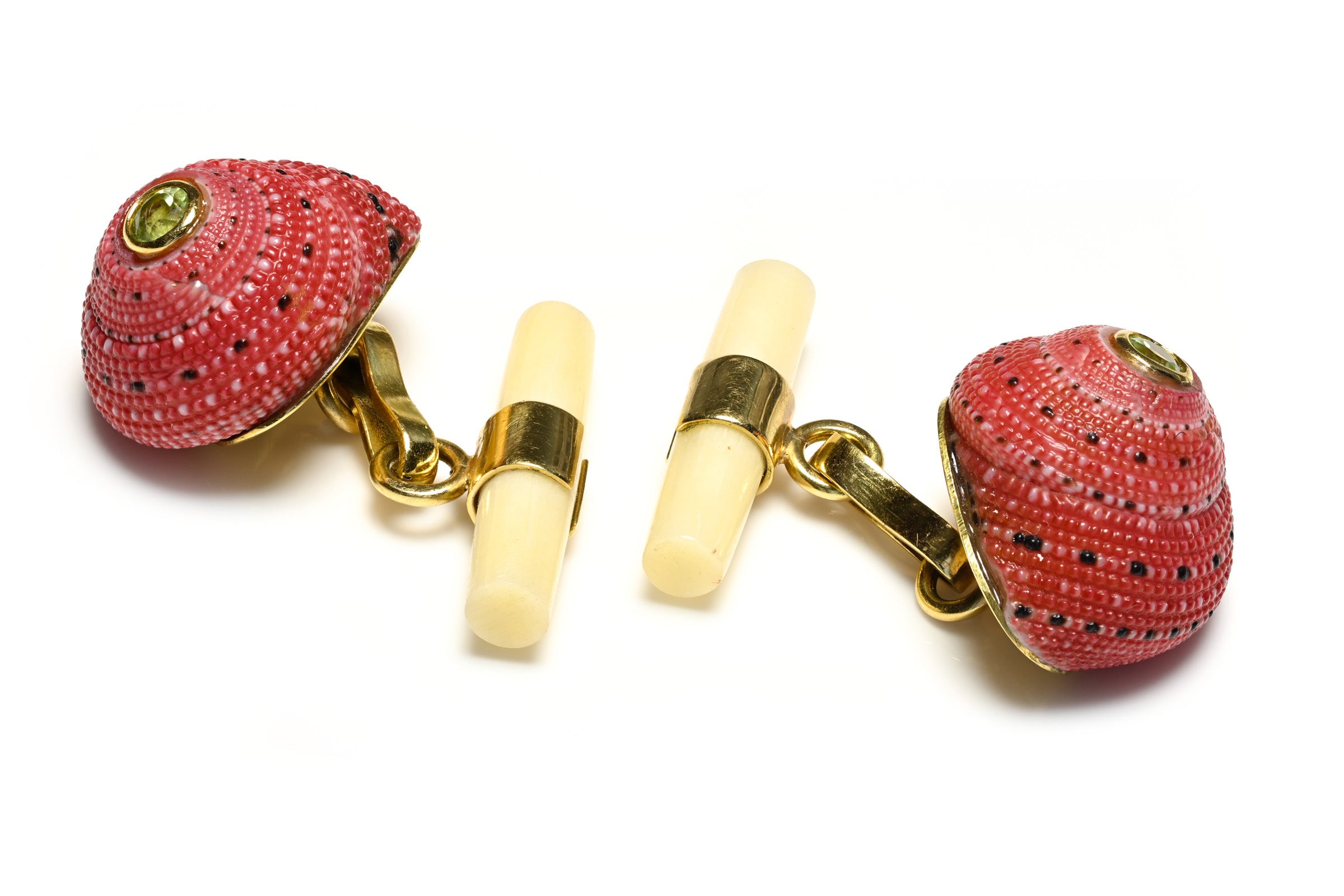 Red Sea Urchin Shell Cufflinks in 18K Gold with Peridot and White Coral