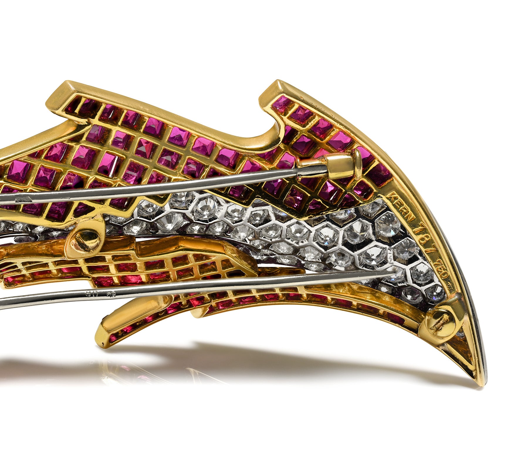 René Kern Invisible-Set Ruby Diamond Gold Platinum Brooch