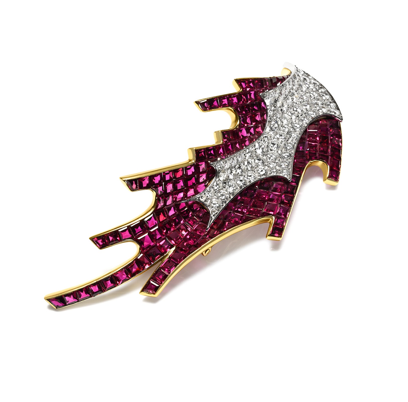 Rene Kern Invisible-Set Ruby Diamond Gold Platinum Brooch