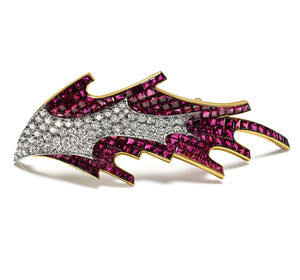 René Kern Invisible-Set Ruby Diamond Gold Platinum Brooch
