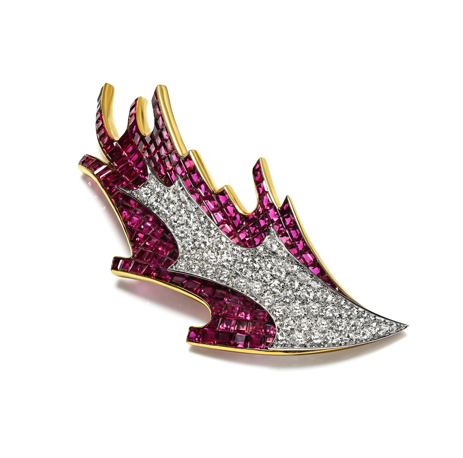 René Kern Ruby Diamond Gold Platinum Brooch