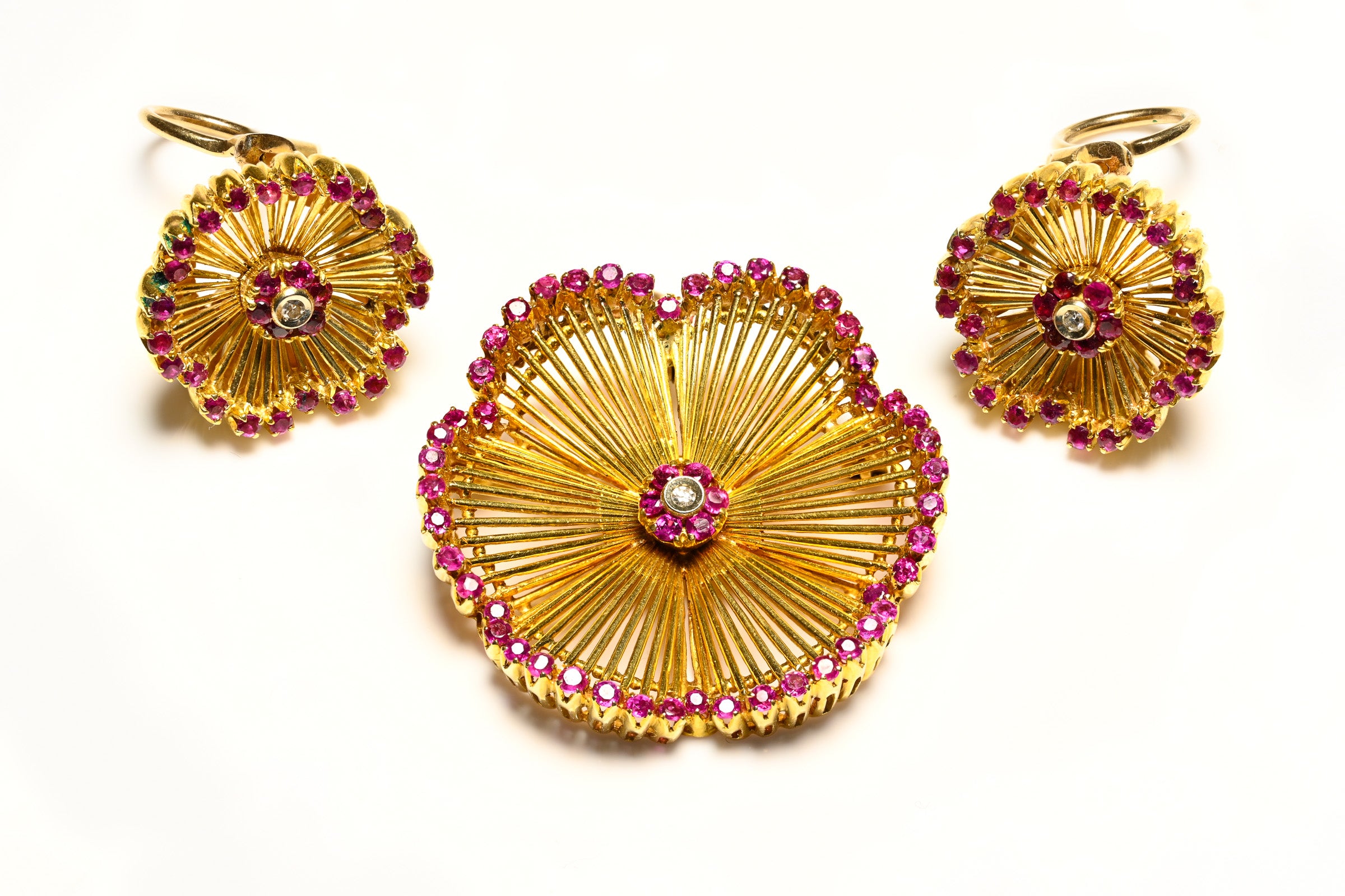 Ruby Diamond 18K Gold Earrings Pendant Brooch Set 