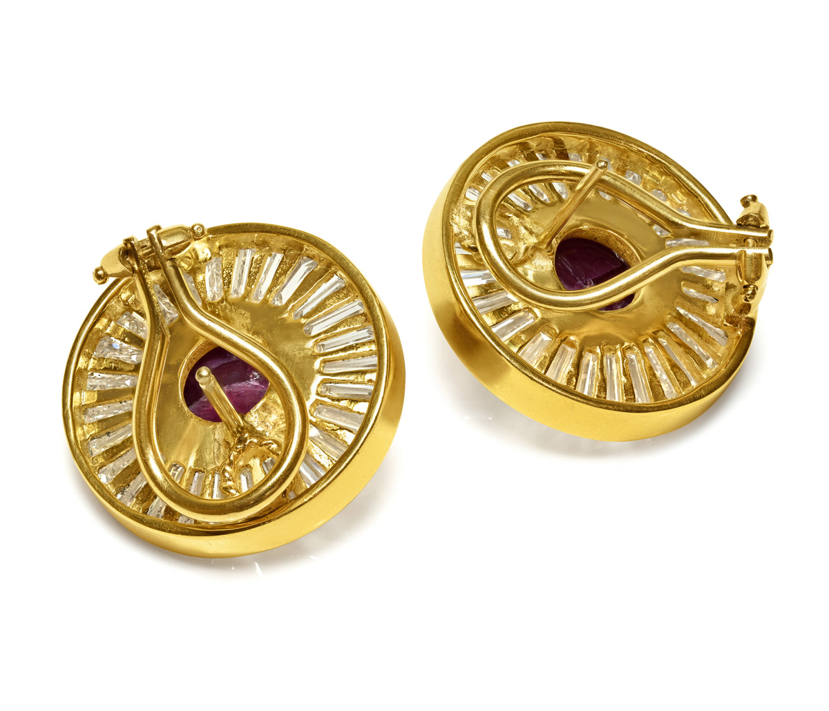 The back of Ruby and 8.00 CTW Baguette Diamond Sunburst Earrings in 18K Gold