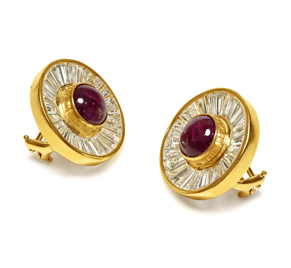 Vintage Ruby and 8.00 CTW Baguette Diamond Sunburst Earrings in 18K Gold