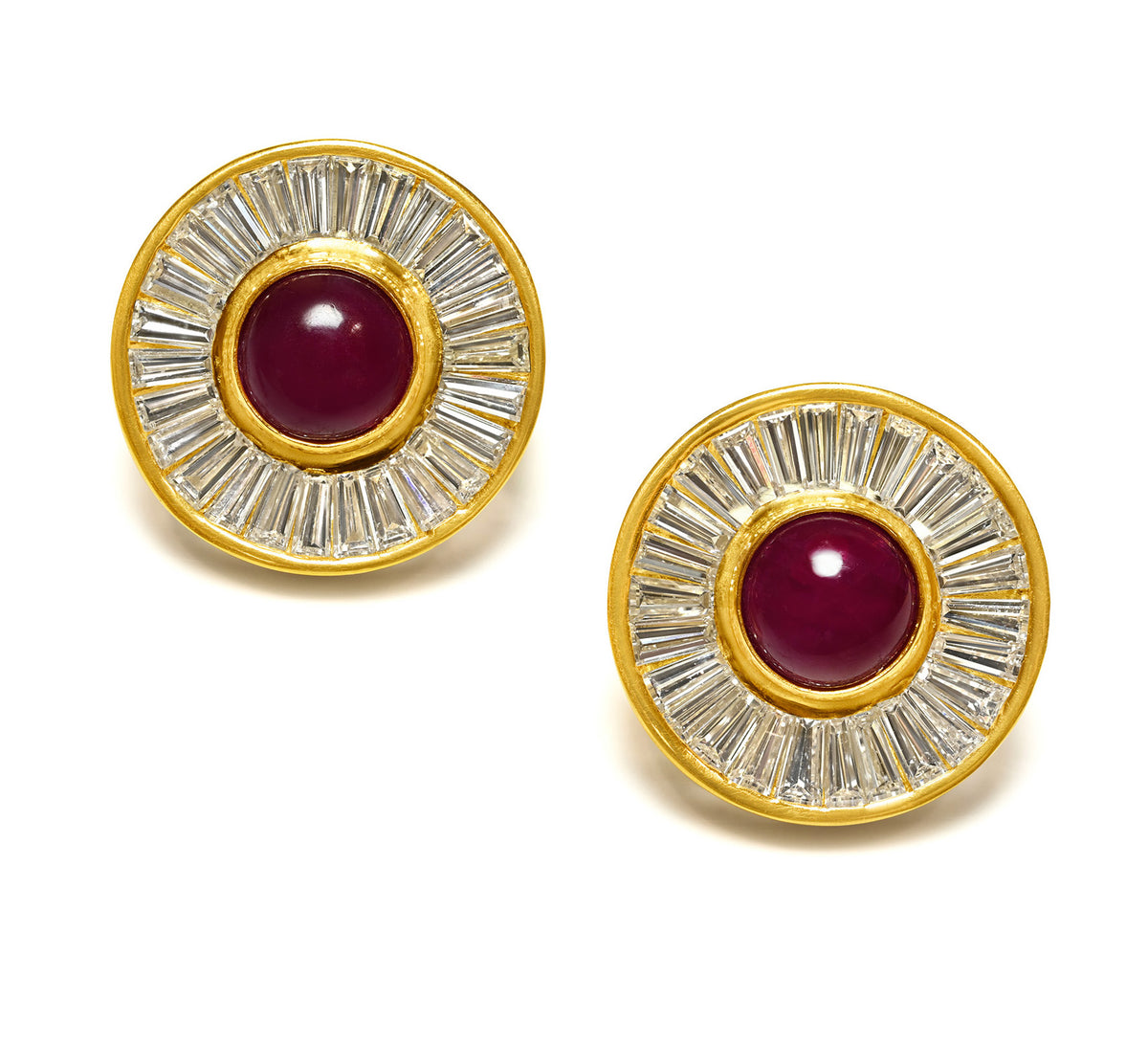 Ruby Baguette Diamond Sunburst Earrings in 18K Gold