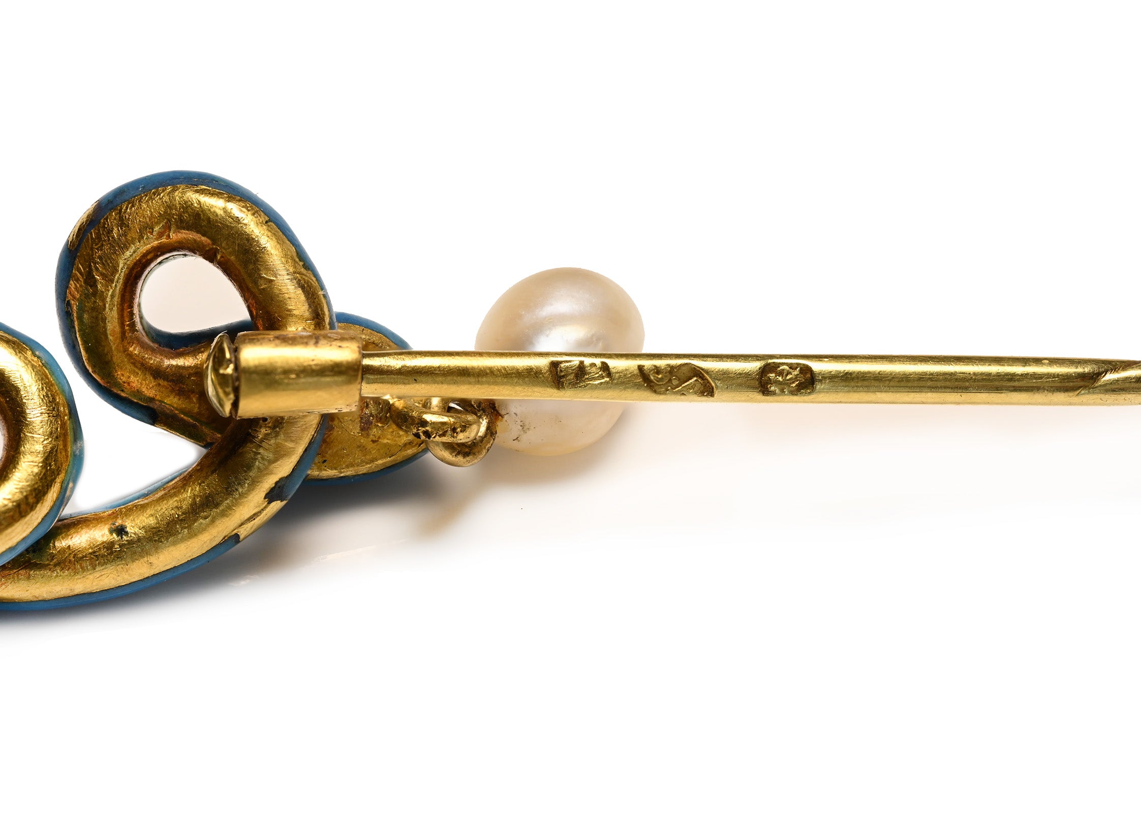 Russian Hallmark Samuel Arndt Enamel Snake Natural Pearl 18K Gold Pin