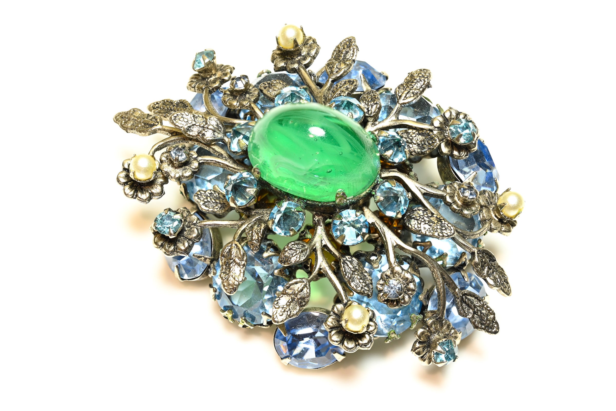 Vintage Schreiner Green Glass Blue Crystal Flower Brooch