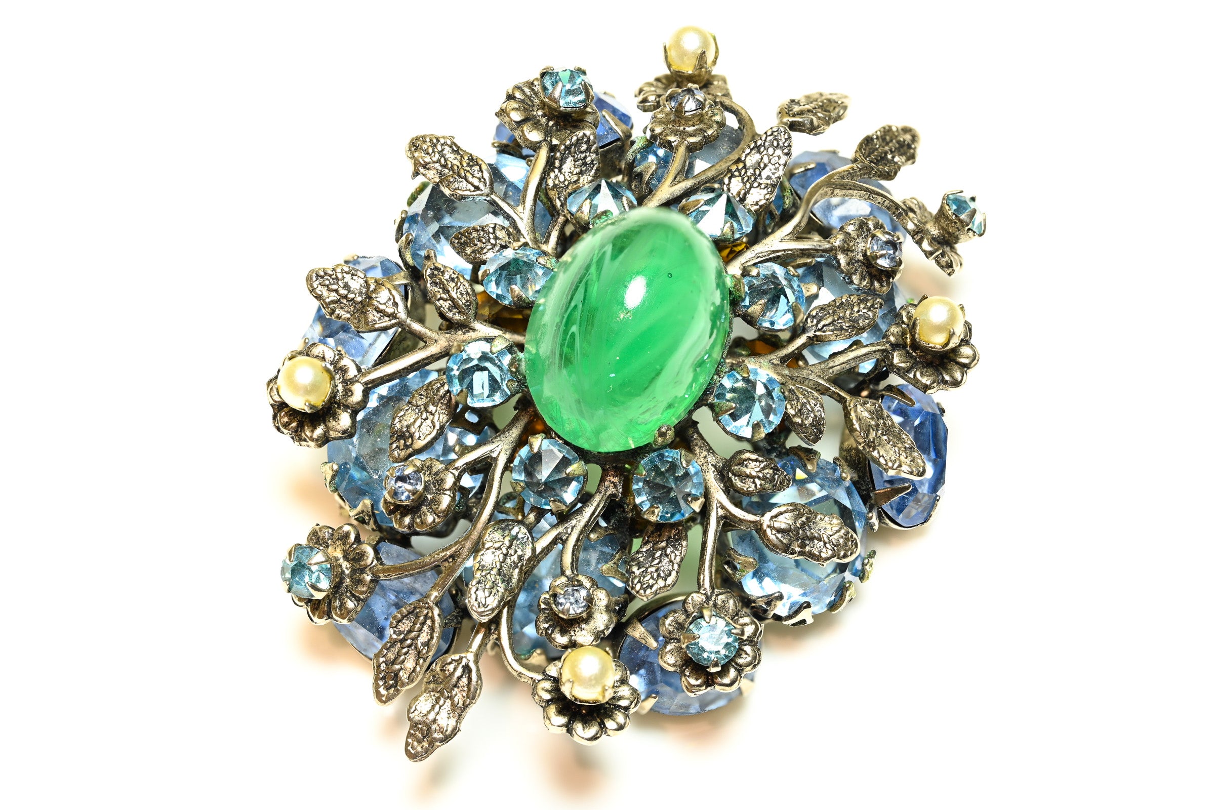 Vintage Schreiner NY Green Glass Blue Crystal Pearl Flower Brooch