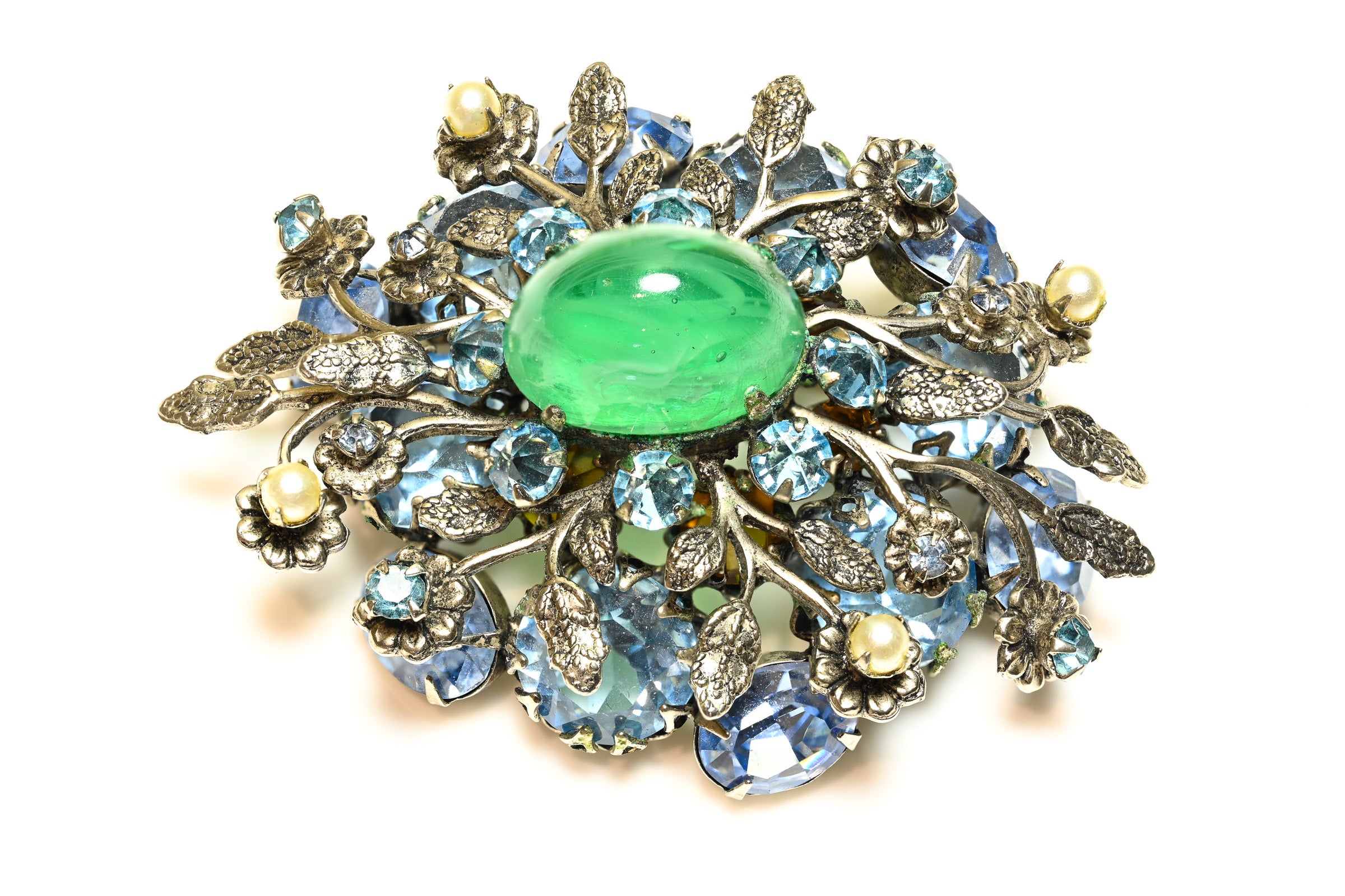 Vintage Schreiner NY Green Glass Blue Crystal Flower Brooch