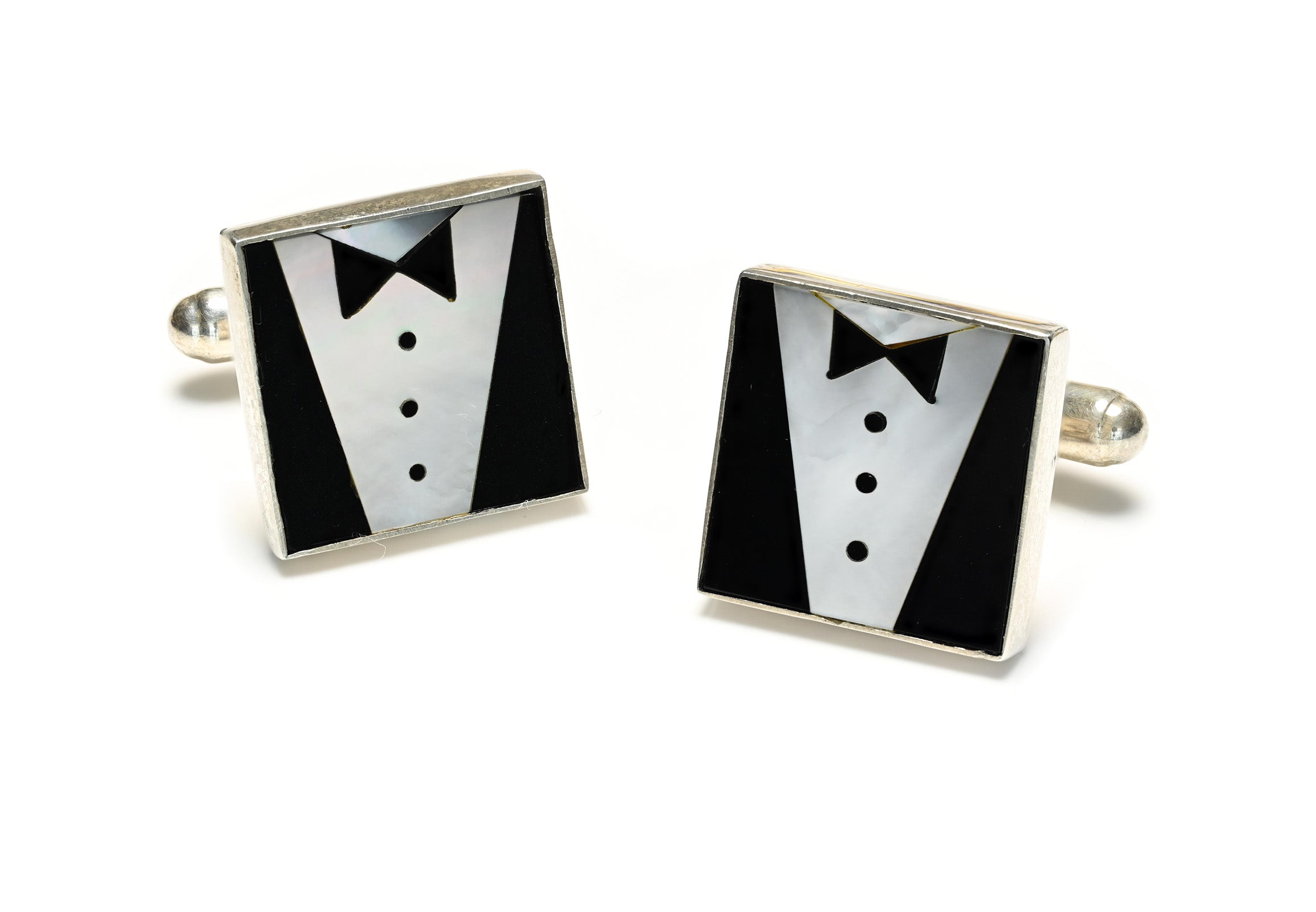 Silver Black Onyx and Mother-of-Pearl Tuxedo Cufflinks