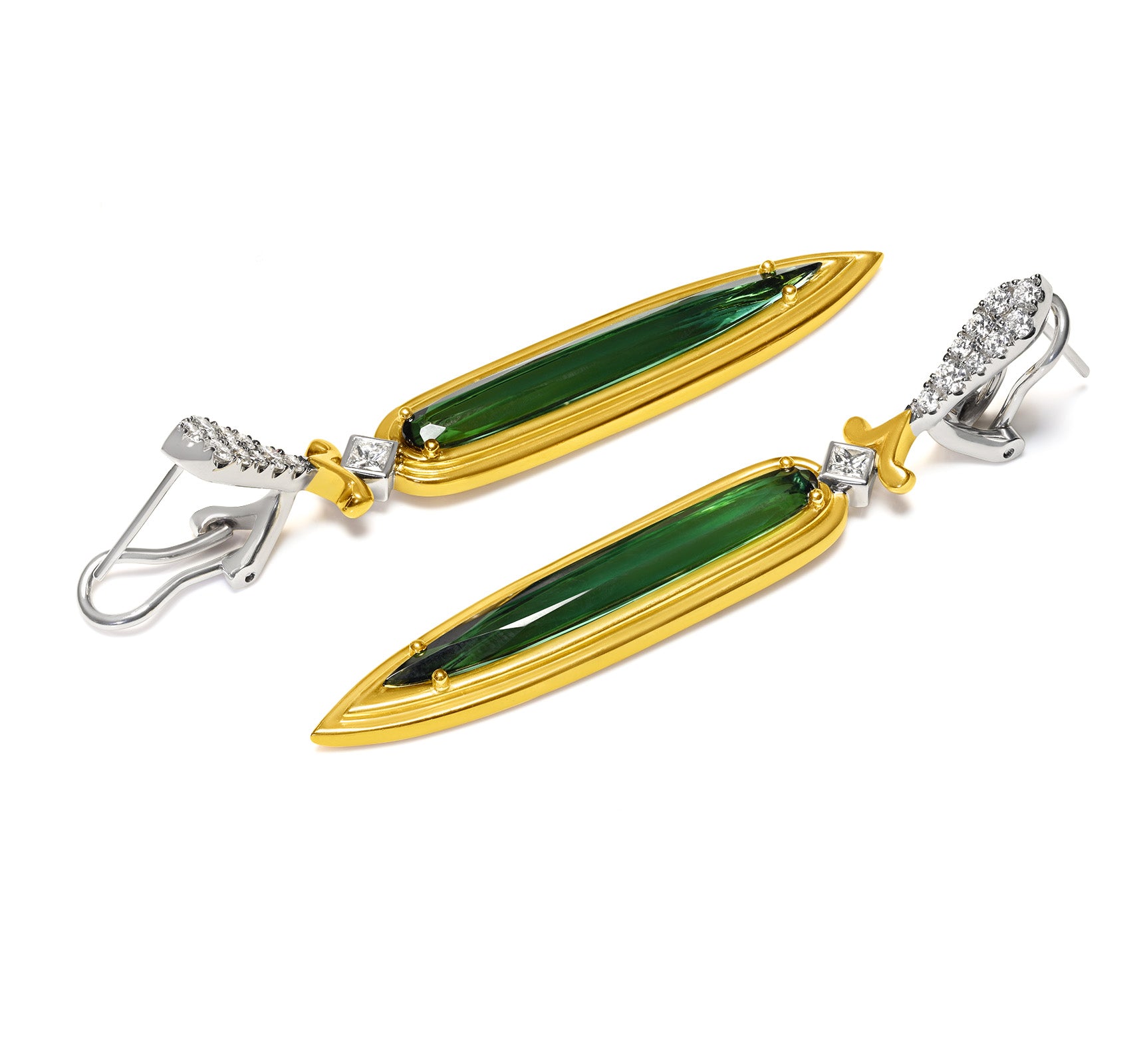 Spark Creations 18K Gold Green Tourmaline and Diamond Dangle Earrings