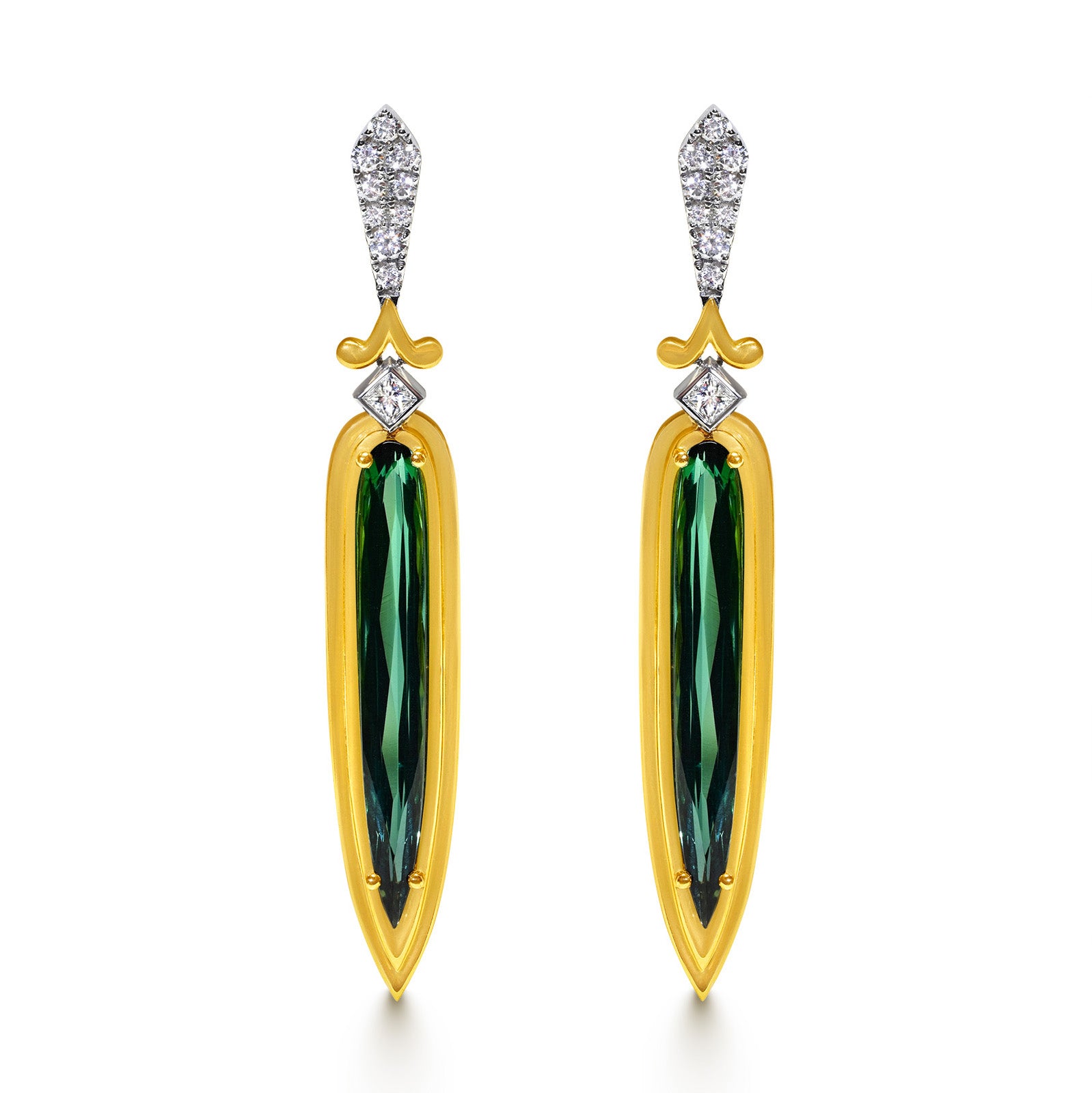 Spark Creations 18K Gold Green Tourmaline and Diamond Dangle Earrings