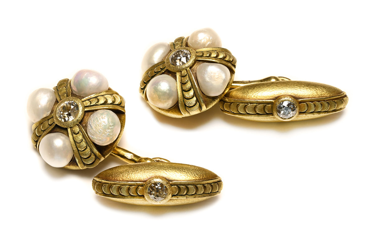 Spaulding & Co. Antique Natural Pearl and Diamond 18K Gold Floral Cufflinks