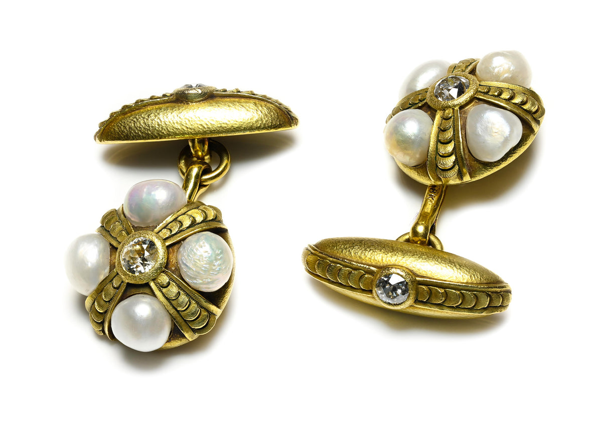 Spaulding & Co  Pearl Diamond 18K Gold Cufflinks with Pearls